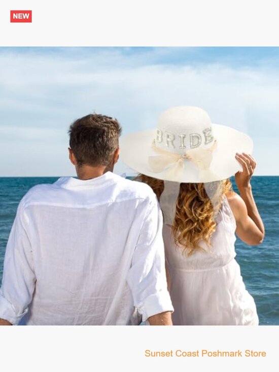 Women\'s Straw Wide Brim Sun Hat with Pearl Letter Patch for Bridal Wedding main image 6